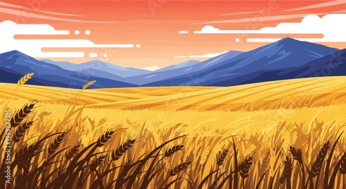 Golden Wheat Field Landscape with Mountains at Sunset
