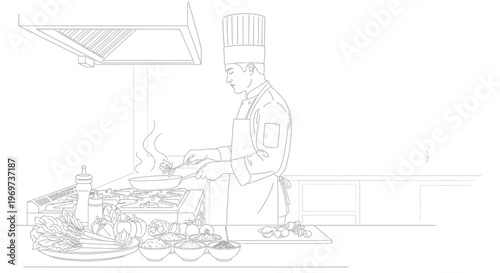 Professional chef cooking in a modern kitchen with various ingredients