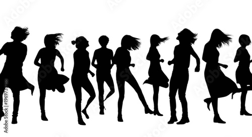 Silhouettes of people dancing in a line