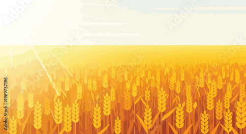 Golden Wheat Field Landscape at Sunset Vector Illustration