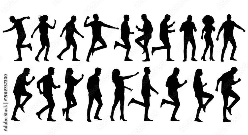 Fototapeta premium Collection of black silhouettes of people dancing