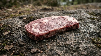 Minimalist still life photos capturing a prime raw beef steak thoughtfully placed on an ancient, textured rock outdoors