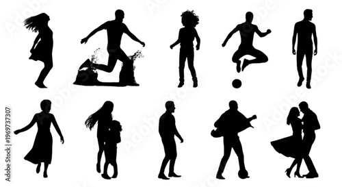 Collection of human silhouettes in various poses and activities