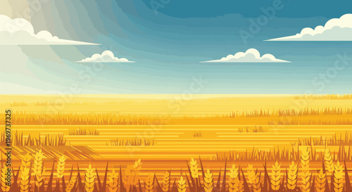 Golden Wheat Field Landscape Illustration with Blue Sky and Clouds