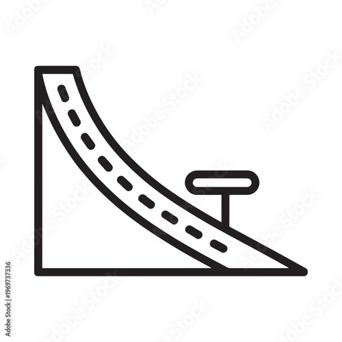 A simple black and white line drawing of a skatepark ramp and platform