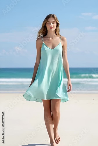 Young woman in light blue summer dress standing on white sandy tropical beach