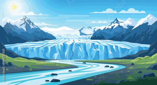 Stunning Vector Illustration of a Majestic Glacier with Snowy Peaks and River