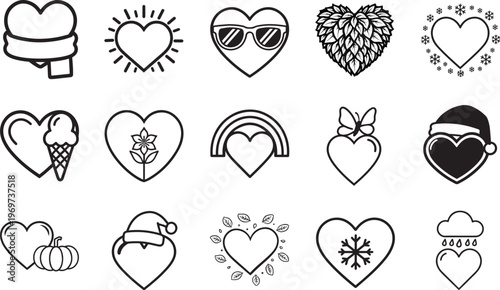 A collection of charming heart icons, each adorned with unique symbols like a scarf, sun, sunglasses, snowflakes, and even a Santa hat, symbolizing love and various themes.