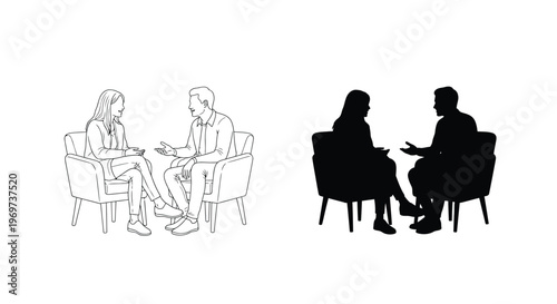 Professional business conversation between two individuals, a man and a woman, depicted as a detailed line art and silhouette vector illustration.