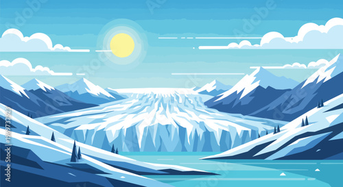 Flat Vector Illustration of Majestic Glacier Landscape with Snowy Mountains and Sun
