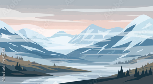 Minimalist Vector Illustration of Snowy Mountains and Frozen Lake Landscape