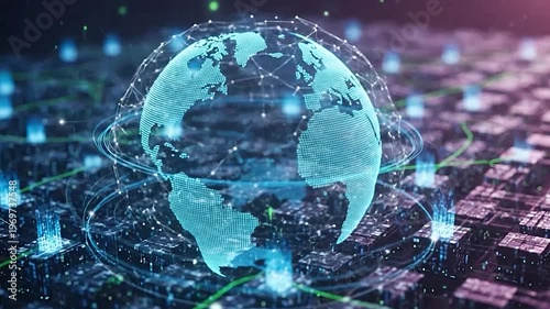 Digital globe with interconnected network nodes and glowing data streams