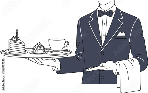 Elegant waiter serving a tray with cake and coffee