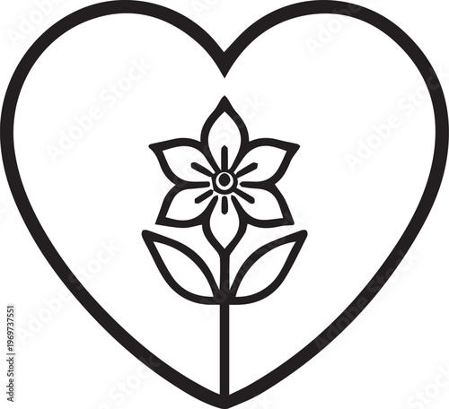A delicate line art illustration presents a flower blooming inside a heart. This simple yet profound artwork symbolizes love, growth, and the beauty found in nature.