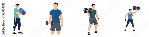 A personal trainer holding a heavy dumbbell, minimalist flat design, no outlines, white background.