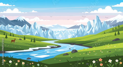 Beautiful Mountain Landscape with River and Deer in Spring