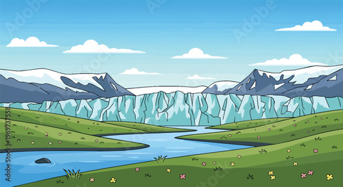 Cartoon Landscape Featuring a Glacial River Flowing Through Green Meadows and Snowy Mountains