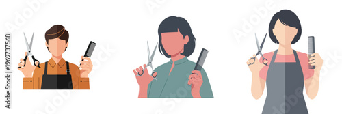 A hair stylist holding professional scissors and a comb, minimalist flat art, no stroke, modern and chic, white background.