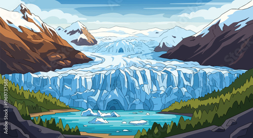 Pixel Art Illustration of a Majestic Glacier and Snowy Mountains Landscape