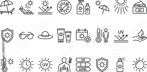 Sun Protection, UV Awareness, and Outdoor Safety Icons Set Featuring Sunscreen, UV Levels, Temperature, and Heat Monitoring for Health, Beach, and Wellness Designs