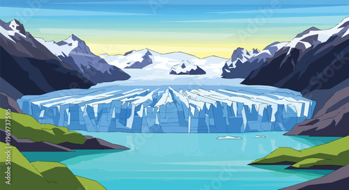 Stunning Vector Illustration of a Majestic Glacier and Turquoise Lake in a Mountainous Landscape