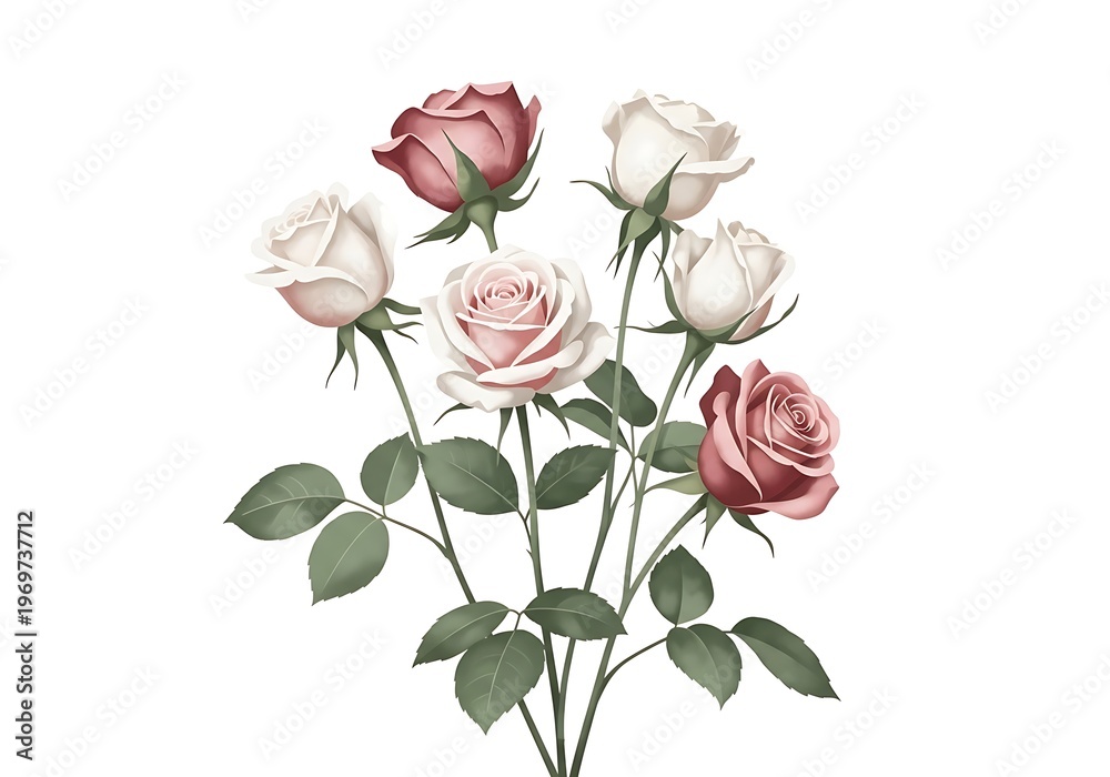 Obraz premium Artistic bouquet of light pink and deep red roses on a long green stem.