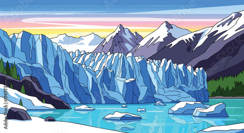 Stunning Pixel Art Glacier Landscape with Snowy Mountains and Icy Lake