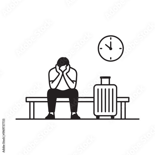 A distressed person sits with luggage beside a clock conveying anxiety
