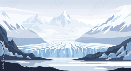 Majestic Glacier Landscape with Snowy Mountains and Icy Lake Vector Illustration