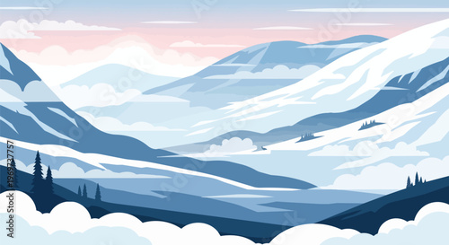 Minimalist Vector Illustration of Snowy Mountain Landscape at Sunrise
