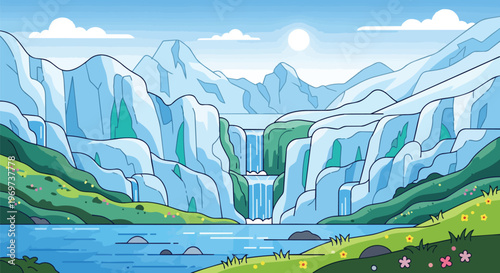 Pixel Art Landscape with Majestic Mountains and Cascading Waterfall