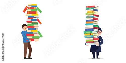 Illustration of dedicated women carrying large, towering stacks of books, representing the significant academic workload, continuous learning, and pursuit of knowledge in education or study