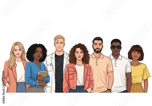 Diverse group of seven people standing together smiling