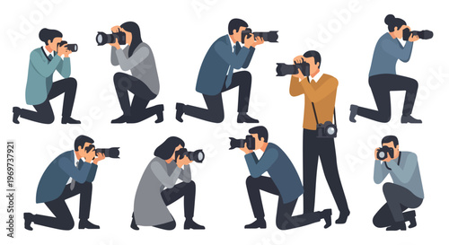 A photographer holding a modern professional camera, minimalist flat style, no outlines, white background
