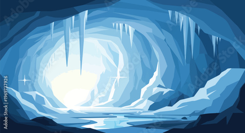 Abstract Digital Illustration of a Magical Frozen Ice Cave with Icicles