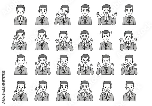 Set of cartoon business man emoticon faces and hand gestures