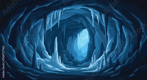 Pixel Art Ice Cave Interior with Icicles and Stalagmites