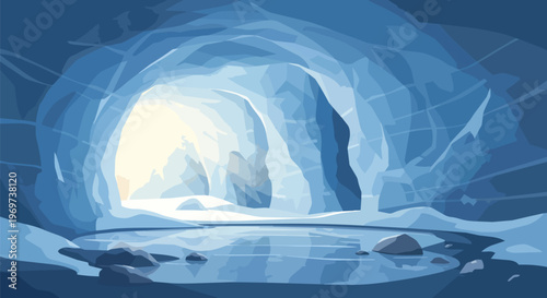 Abstract Digital Illustration of an Ice Cave with Frozen Lake and Light