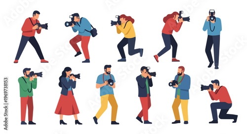 A photographer holding a modern professional camera, minimalist flat style, no outlines, white background