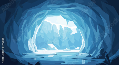 Low Poly Ice Cave Interior with Frozen Lake and Light Entrance