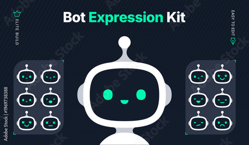 AI chatbot robot emotions and facial expressions kit. Neon mint bot face icons for virtual assistant interface and mobile app UI UX design. Modern flat character set