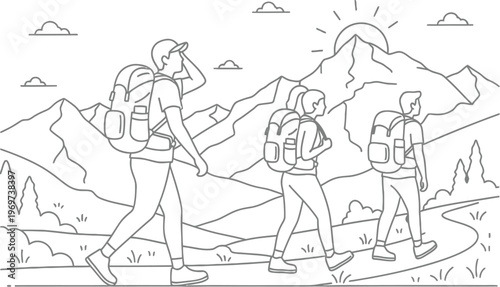 Three friends hiking together in a scenic mountain landscape with backpacks and sunshine