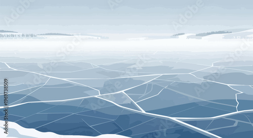 Abstract Winter Landscape with Geometric Ice Patterns and Foggy Horizon