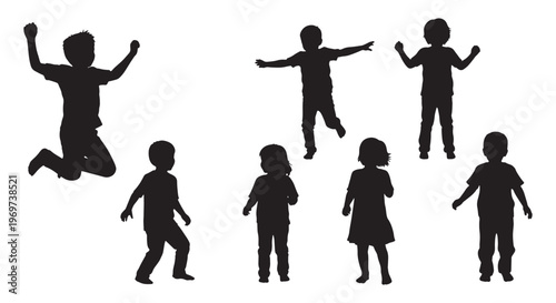 Kids silhouettes set, children standing and jumping poses, black vector illustration