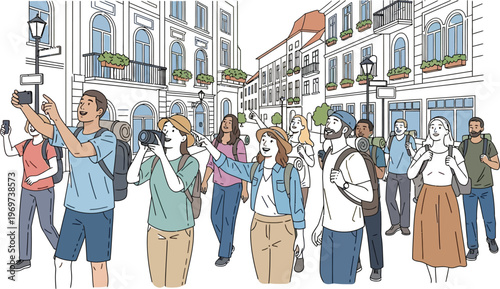 Group of tourists exploring city street with cameras and backpacks