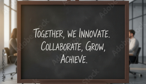 Inspiring Teamwork Message on Chalkboard in Office Setting with Professionals Collaborating for Success and Innovation