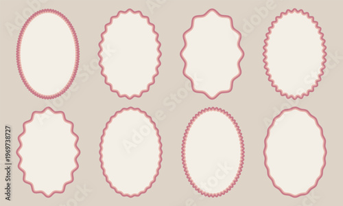 Set of oval frames with wavy edges in soft retro colors. Perfect for invitations, branding, packaging, social media and other design projects.