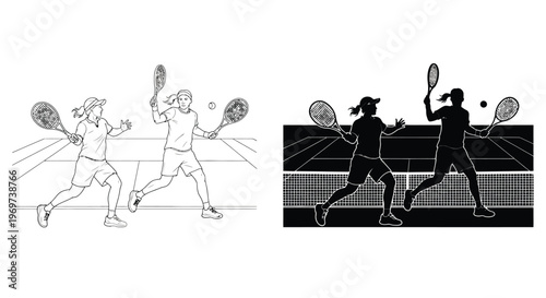 Dynamic vector graphic illustration depicting two spirited female tennis players skillfully competing in a thrilling sports match.