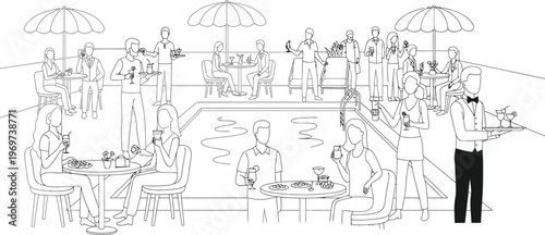 Vector illustration of people socializing and enjoying drinks at an outdoor restaurant patio with tables and umbrellas