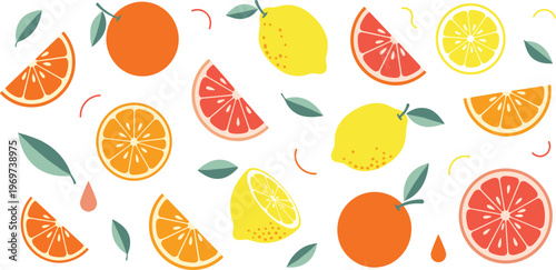 Fresh Citrus Fruit Illustration Set with Orange, Lemon, Grapefruit Slices, Juicy Elements, Leaves, and Healthy Organic Food Vector Collection.